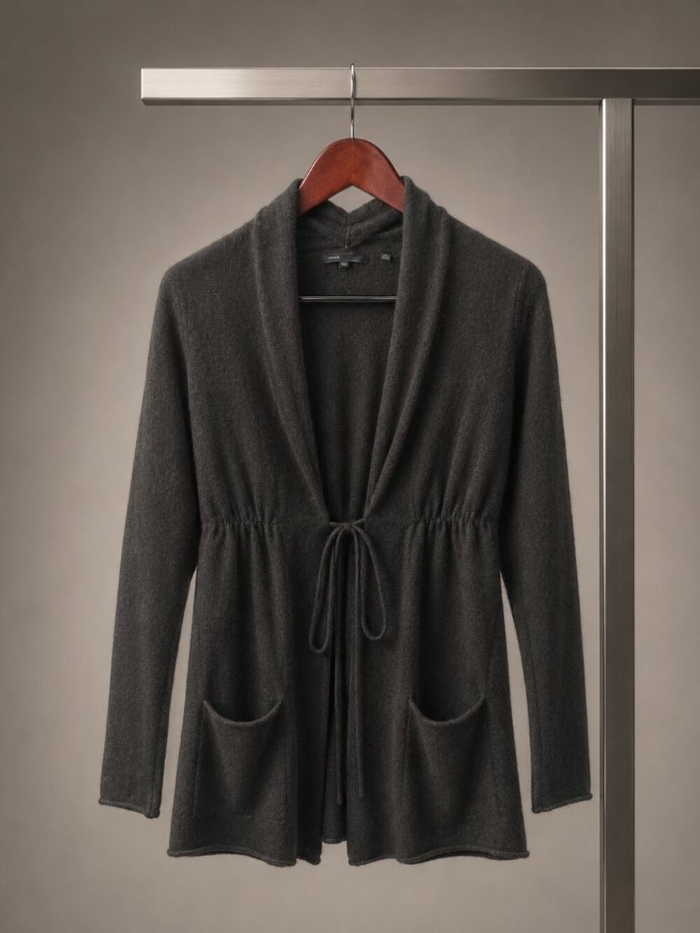 Vince 100% Cashmere Shawl Collar Tie Waist Cardigan Dark Olive Green Empire XS